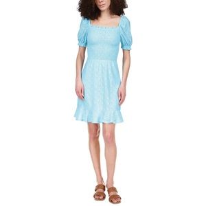 MICHAEL Michael Kors Women's Blue/Turquoise Eyelet Smocked Peasant Dress Large